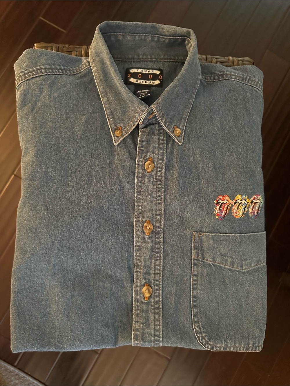 Unisex Blue Denim Button-Down Shirt with Embroidered Rolling Stones